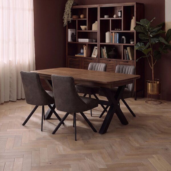 Camford Walnut Stained Solid Oak Boat Dining Table with 4 Mia Chairs in Cedar Fabric