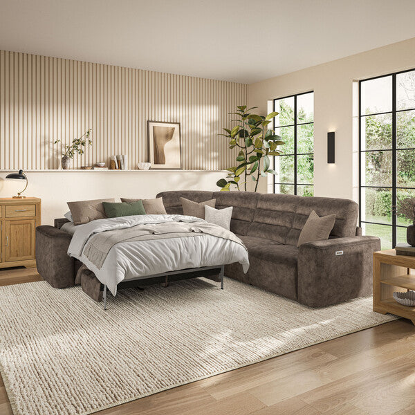 Cohen Large Corner Electric Recliner with Left Hand Sofa Bed in Dapple Chocolate Fabric