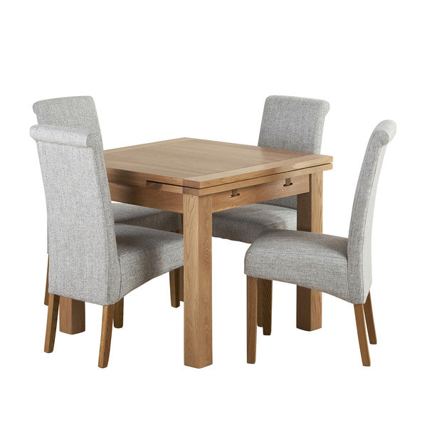 Dorset Natural Solid Oak 3ft Extending Table and 4 Scroll Back Plain Grey Fabric Chairs