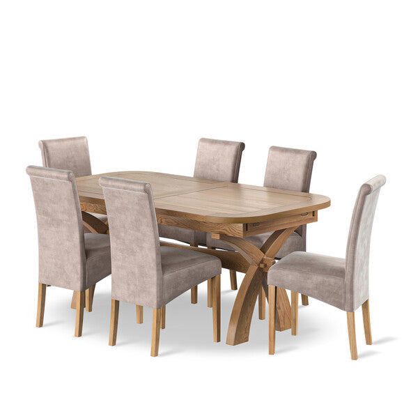 Hercules Natural Oak Extending Dining Table + 6 Scroll Back Chairs in Heritage Mink Velvet with Oak Legs