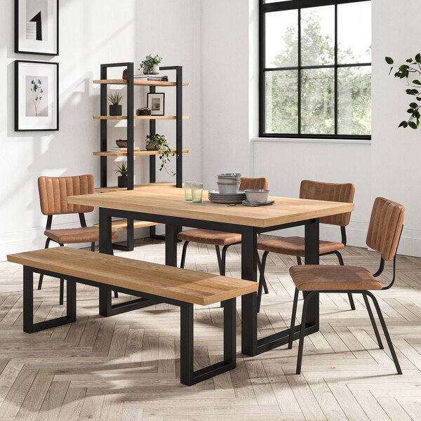 Maine Extending Dining Table 160-220cm + 1 Maine 160cm bench+ 4 Mason Chairs in Vintage Tan Leather-Look fabric with Black Legs