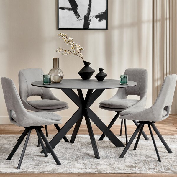 Venice Grey Ceramic Round Dining Table + 4 Nico Swivel Dining Chairs in Light Grey with Black Metal Legs